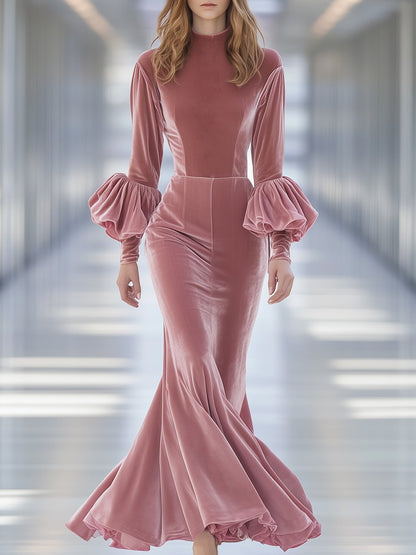 Elegant Round-neck Pink Velvet Puff Sleeve Maxi Dress