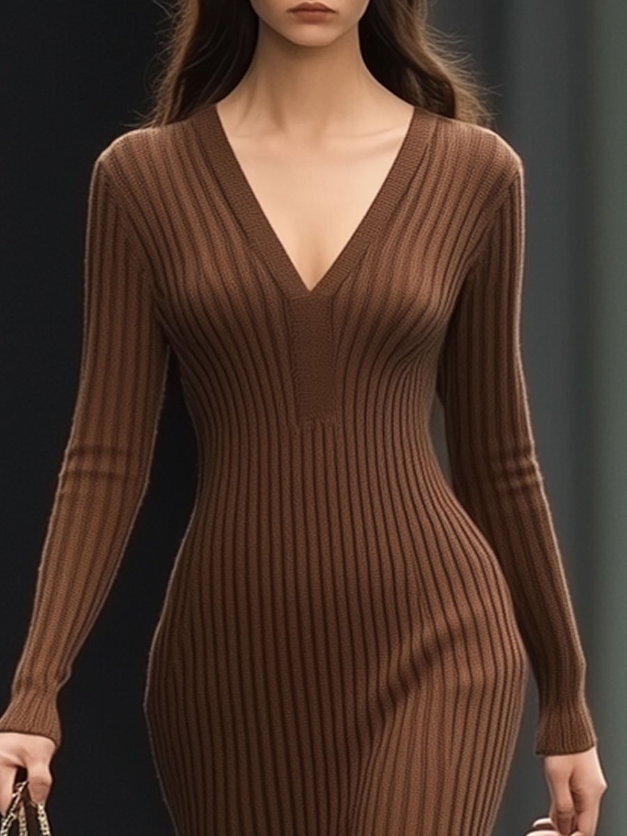 V-Neck Casual Solid Chocolate Knitted Long Sleeve Maxi Dress