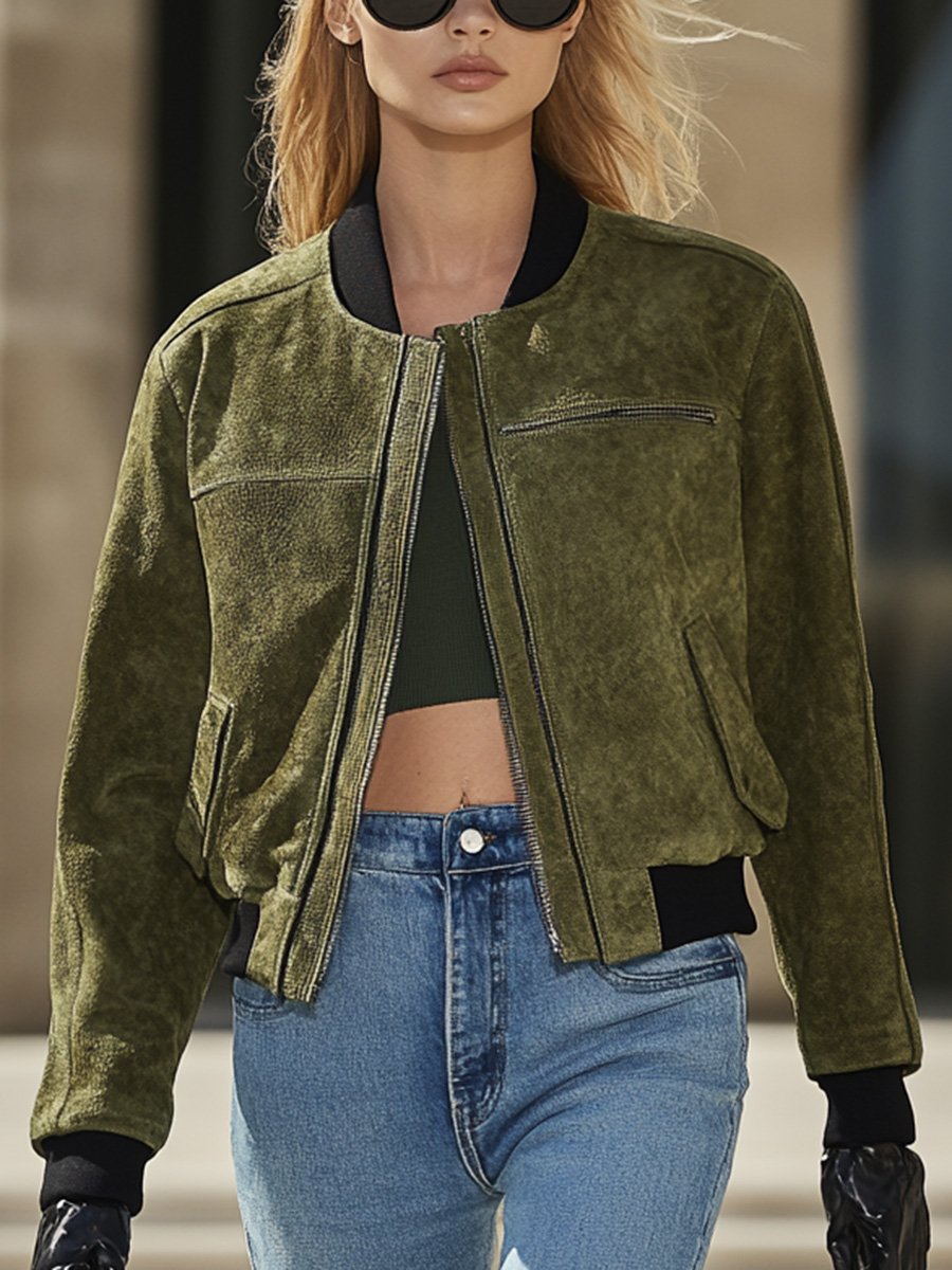 Classic Simple Round Neck Olive Green Suede Short Jacket