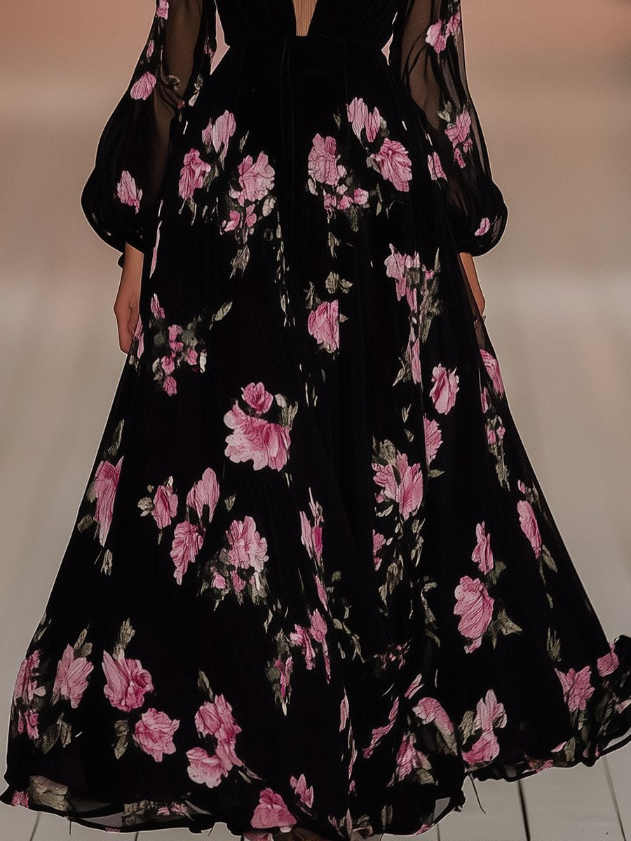 Romantic Illusion Neck Collar Printed Black Chiffon Puff Sleeve Maxi Dress