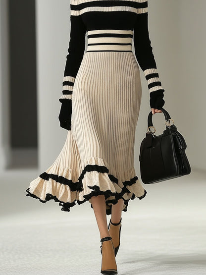 Fashion Retro Striped Long Sleeve Knitted Midi Dress