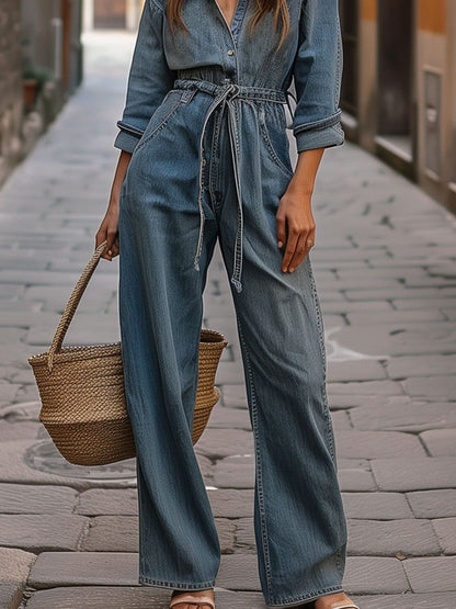 【24-hour shipping】Casual Loose Pocket Retro Belted Long Sleeve Denim Jumpsuit