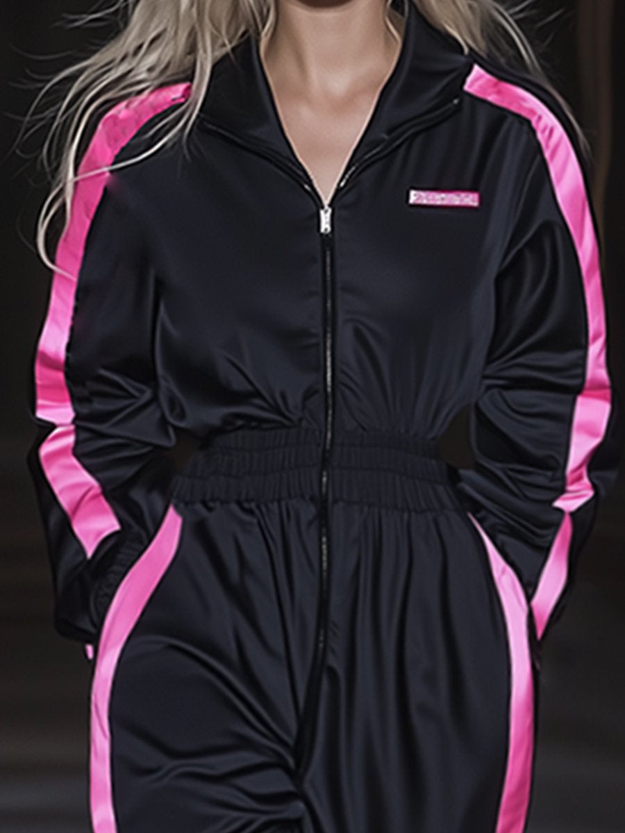 Sporty Stripe Long Sleeve Zipper Jumpsuit