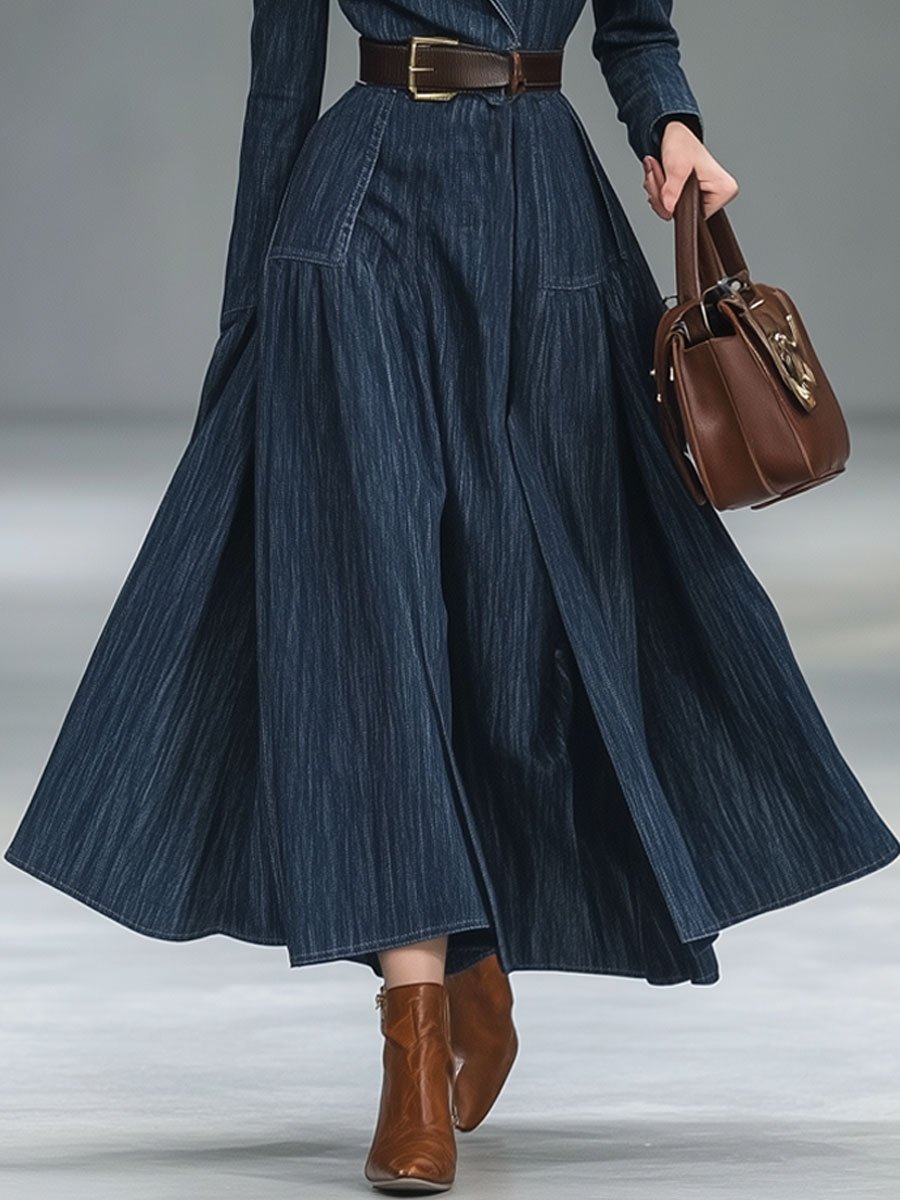 Casual Loose Retro Lapel Long Denim Trench Coat