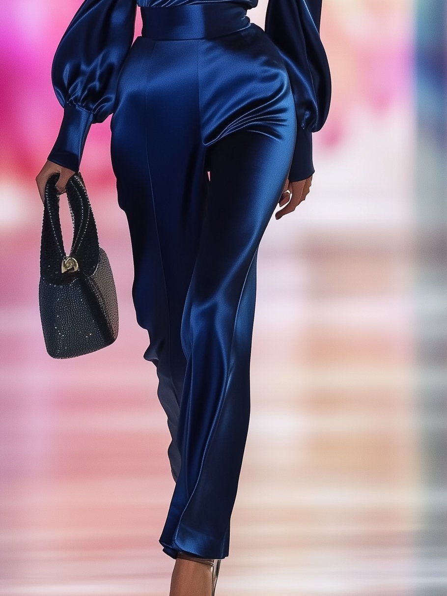 Elegant One-Shoulder Dark Blue Satin Long-Sleeved Jumpsuit