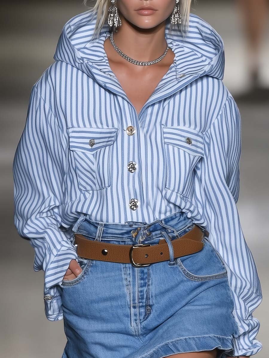 Fashionable Blue and White Striped Shirt-style Loose Hoodie