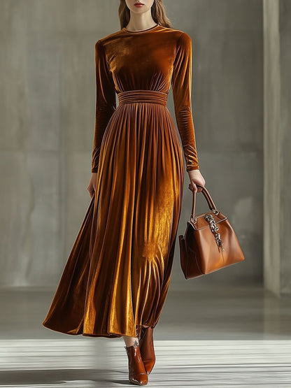 Fashion Loose Round Neck Solid Color Velvet Long Sleeve Maxi Dress