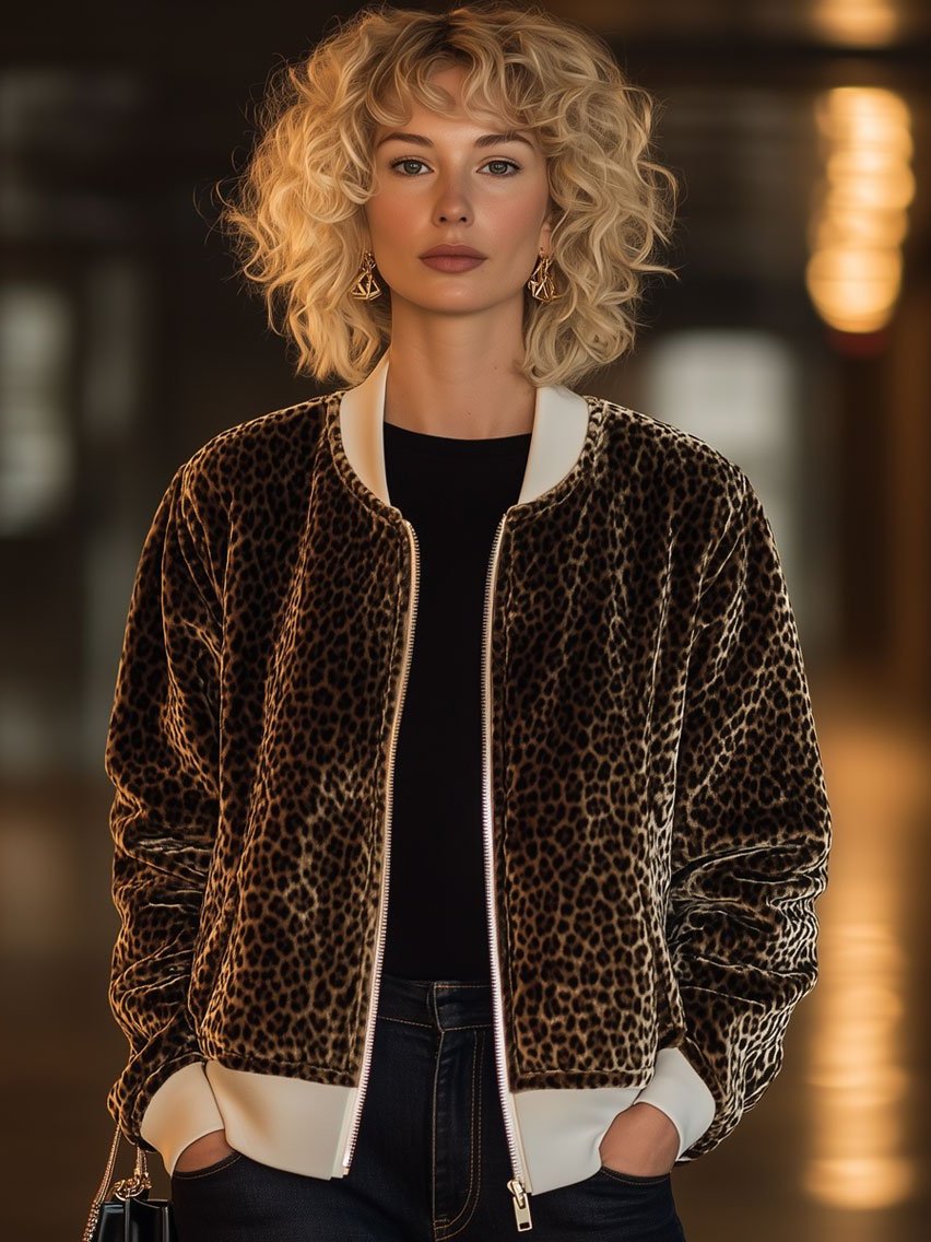 Casual Loose Velvet Leopard Print Ribbed Zipper Bomber Jacket