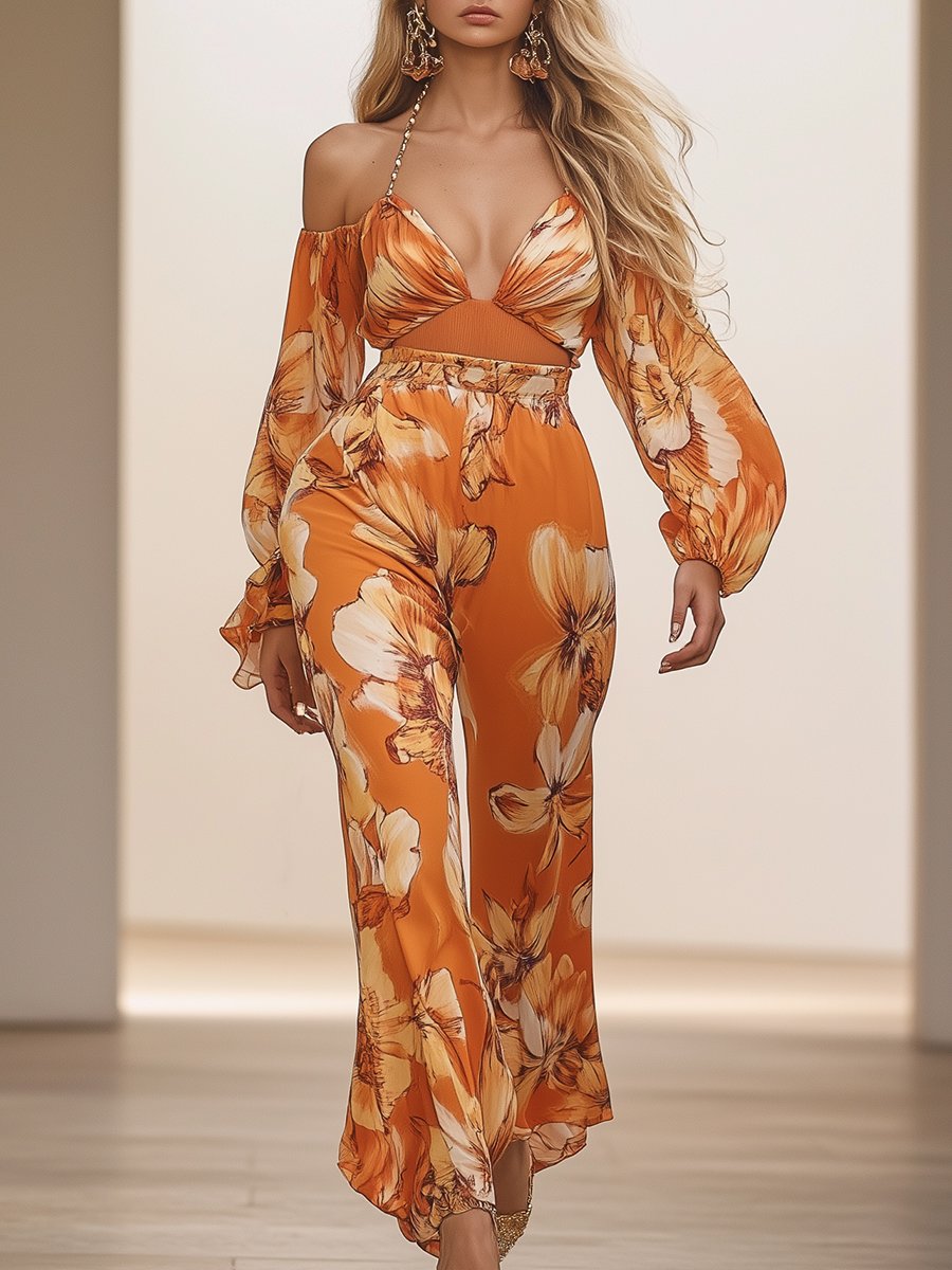 Fashionable and Passionate Suspenders Off-shoulder Orange Chiffon Print Long-sleeved Jumpsuit