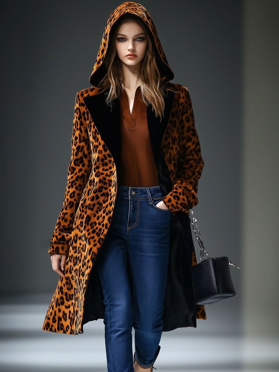 Casual Loose Vintage Velvet Leopard Print Hooded Mid-Length Coat