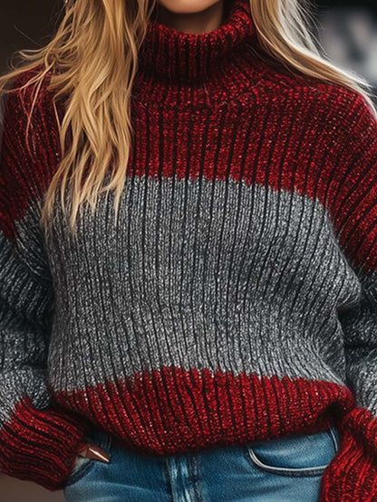 Casual Retro Fashion Colorblock Turtleneck Sweater