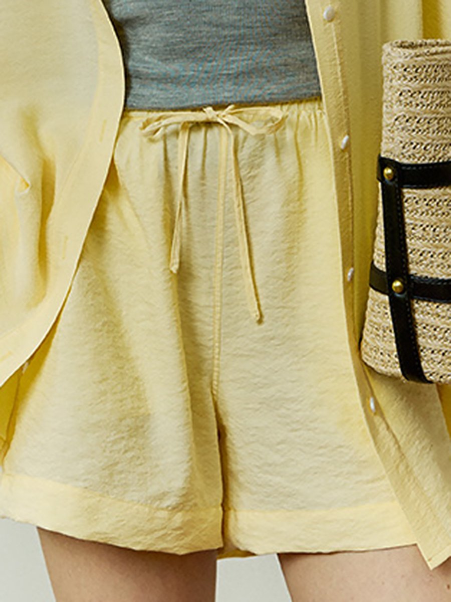 Casual Simple Loose Yellow Shirt Shorts Set