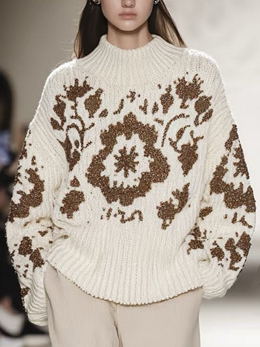 High-End Fashionable Loose Beige Color-Blocked Knitted Sweater