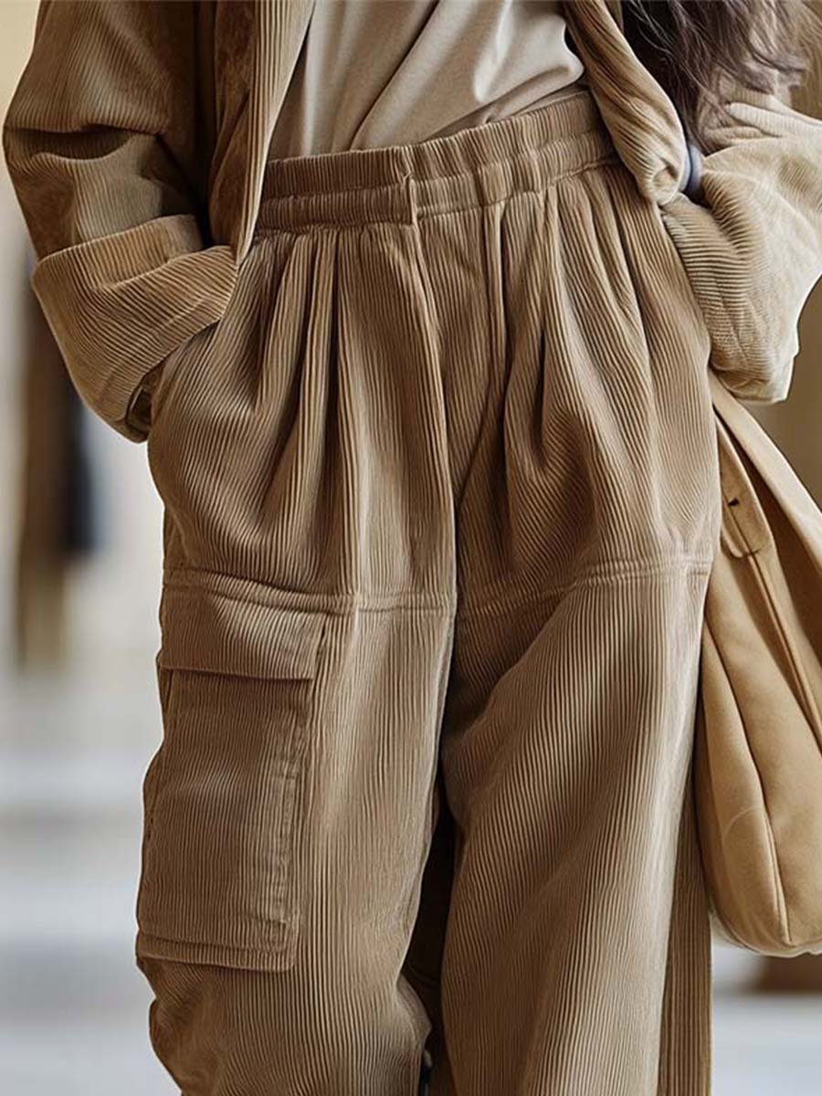 Fashion Retro One-side Pocket Corduroy Wide-leg Pants