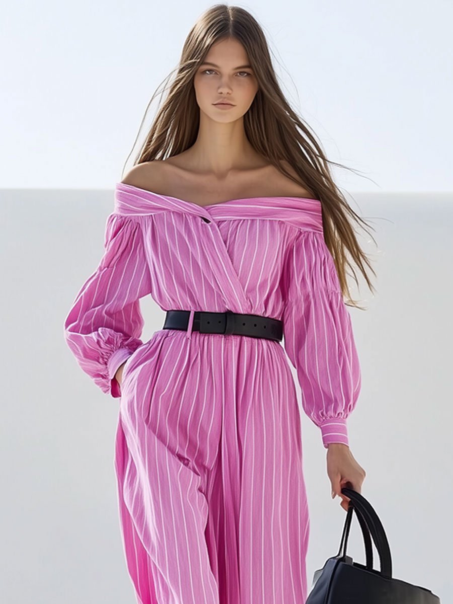 Casual Loose Retro Pink Striped Off-the-shoulder Shirt Long-sleeved Jumpsuit