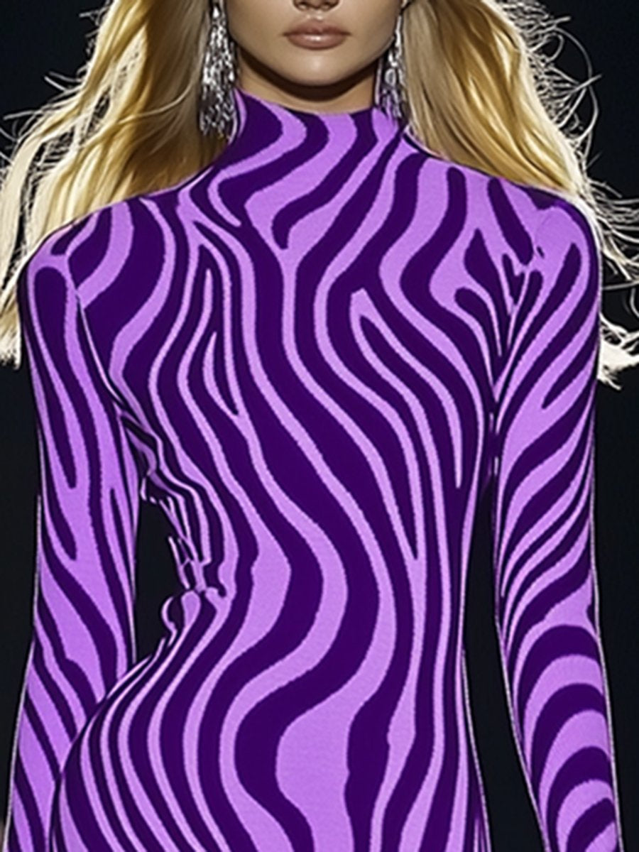 High-End Fashionable Purple Zebra Pattern Knitted Midi Dress