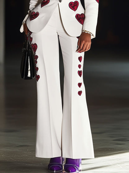 Casual Loose Heart Embroidery White Suit Jacket Flared Pants Set