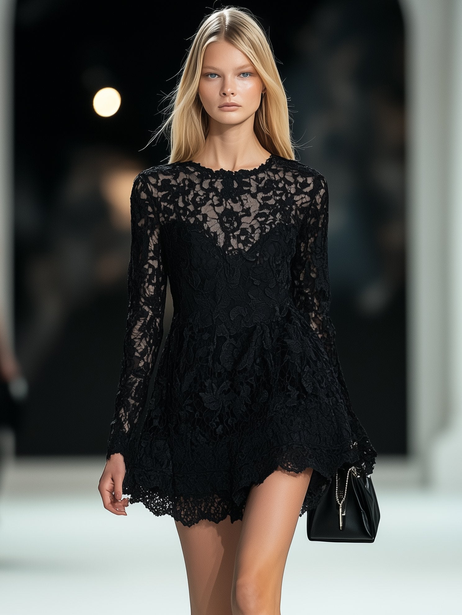 Classic Lace Black Long Sleeve Mini Dress