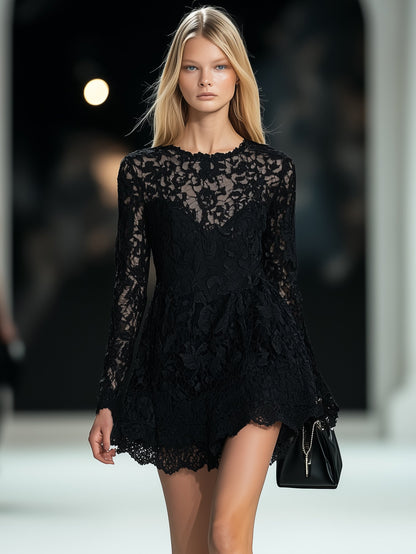 Classic Lace Black Long Sleeve Mini Dress