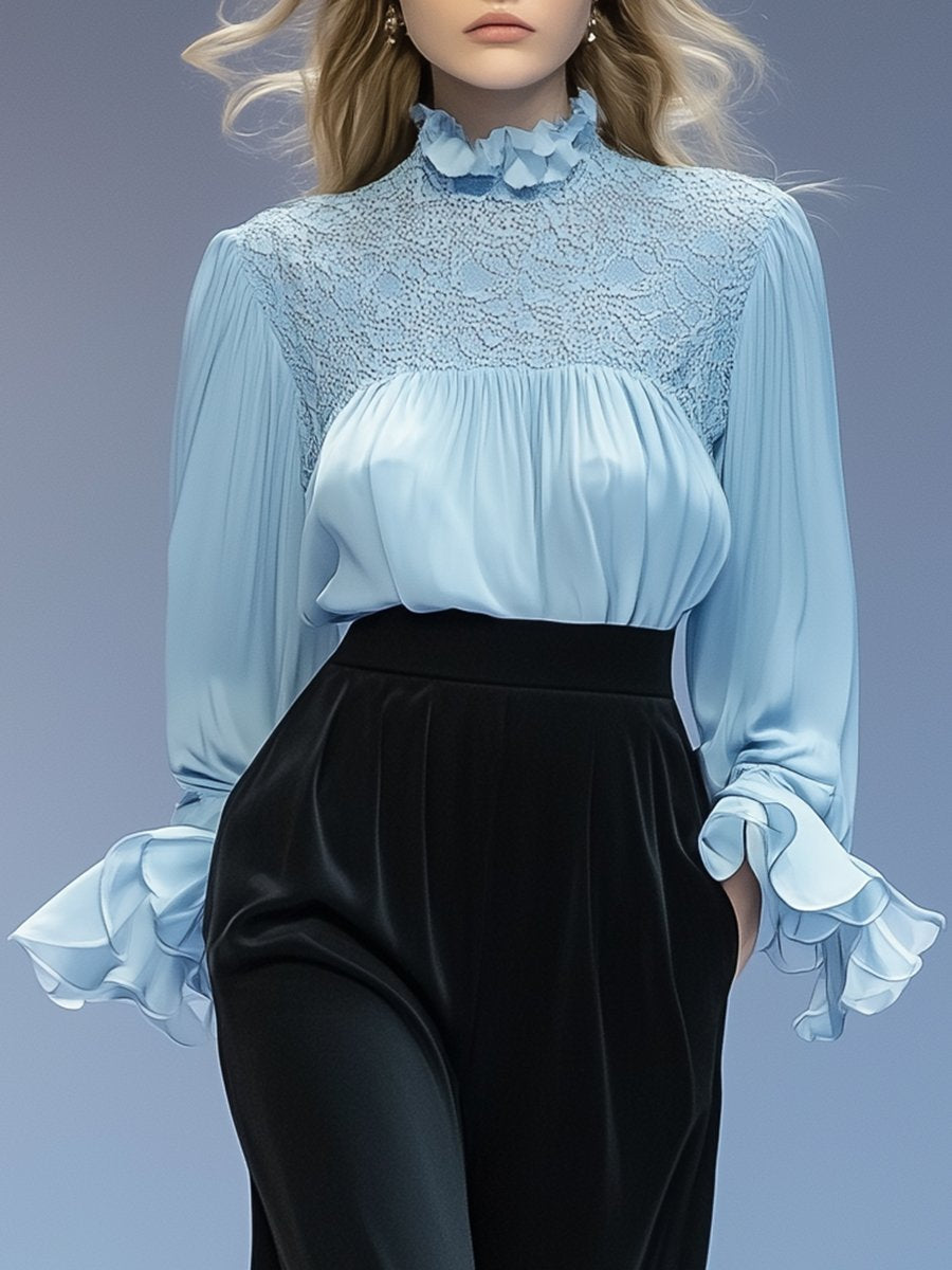 Elegant and Intellectual Baby Blue Ruffled Half-high Collar Chiffon Lace Top Blouse