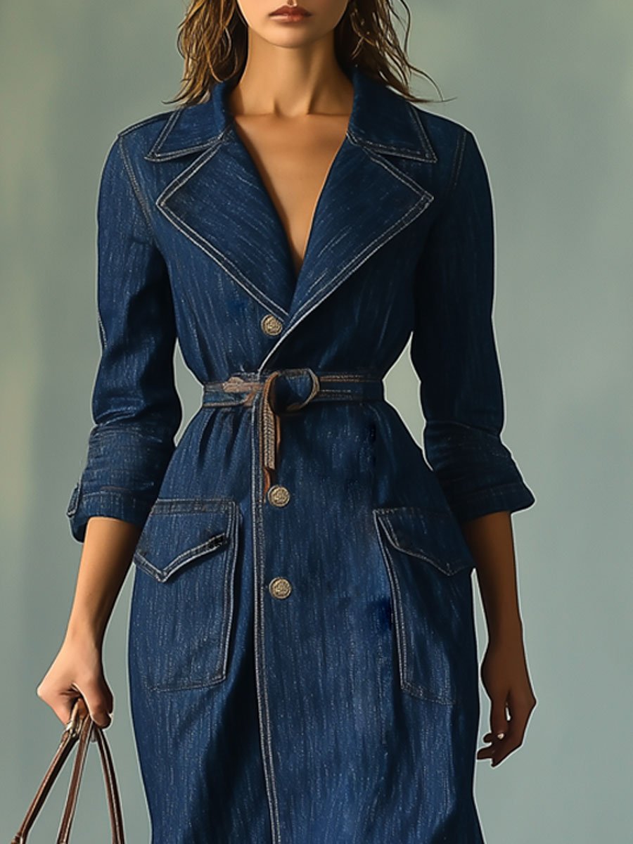 Casual Retro Lapel Tie Pocket Mid-Length Denim Trench Coat