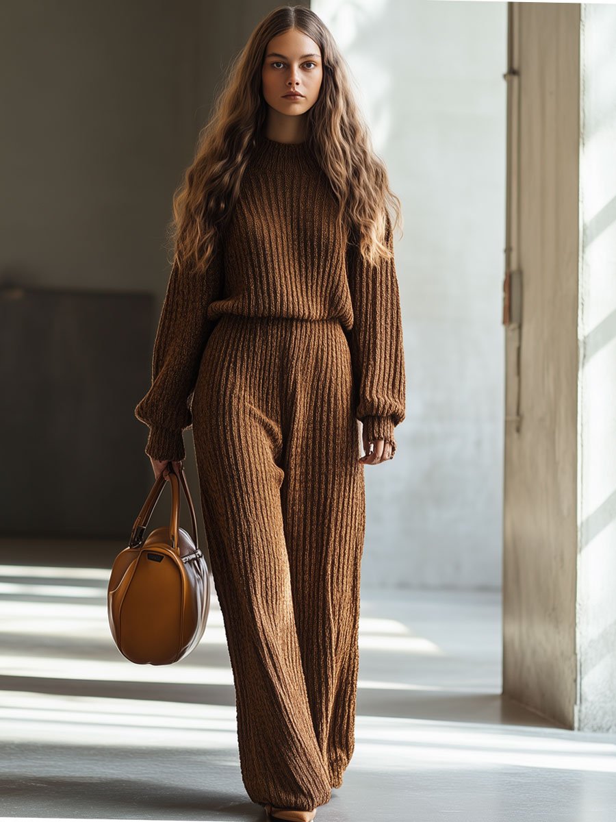 Casual Loose Brown Knit Straight Pants