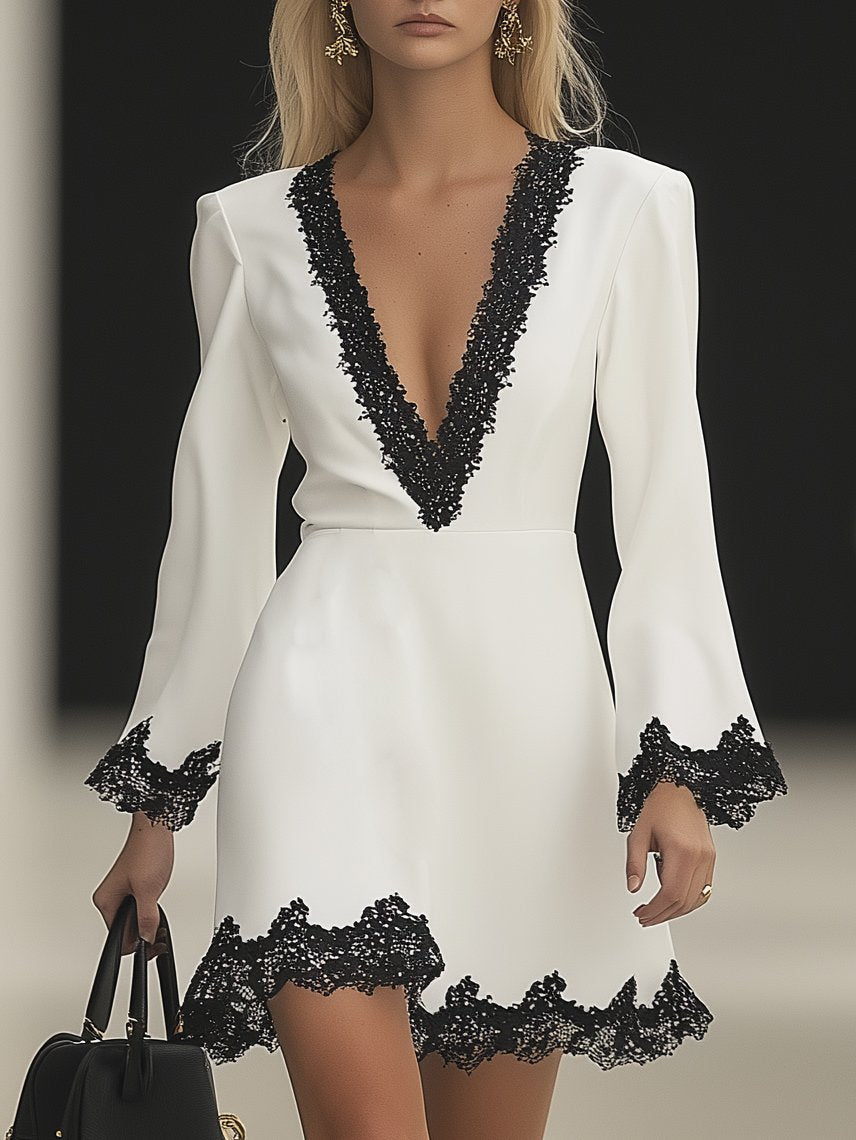 Elegant Black Lace Trim V-Neck White Long Sleeve Mini Dress