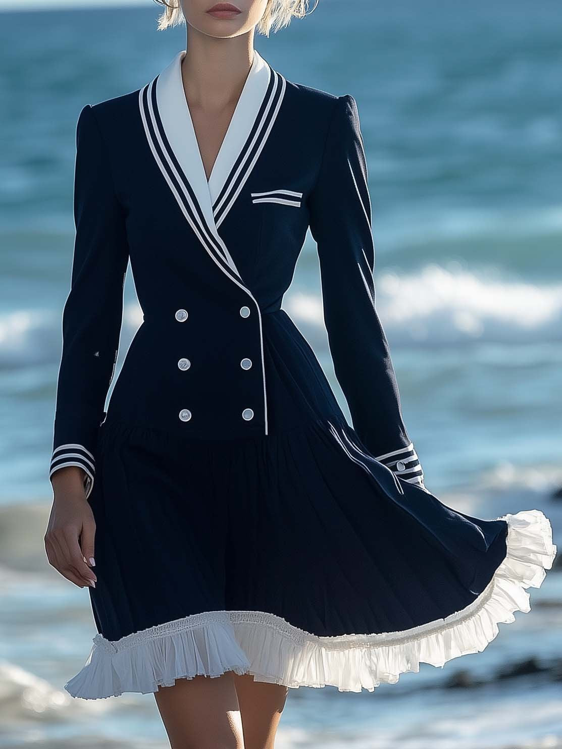 Smart Casual Ruffle Hem Navy Long Sleeve Mini Dress