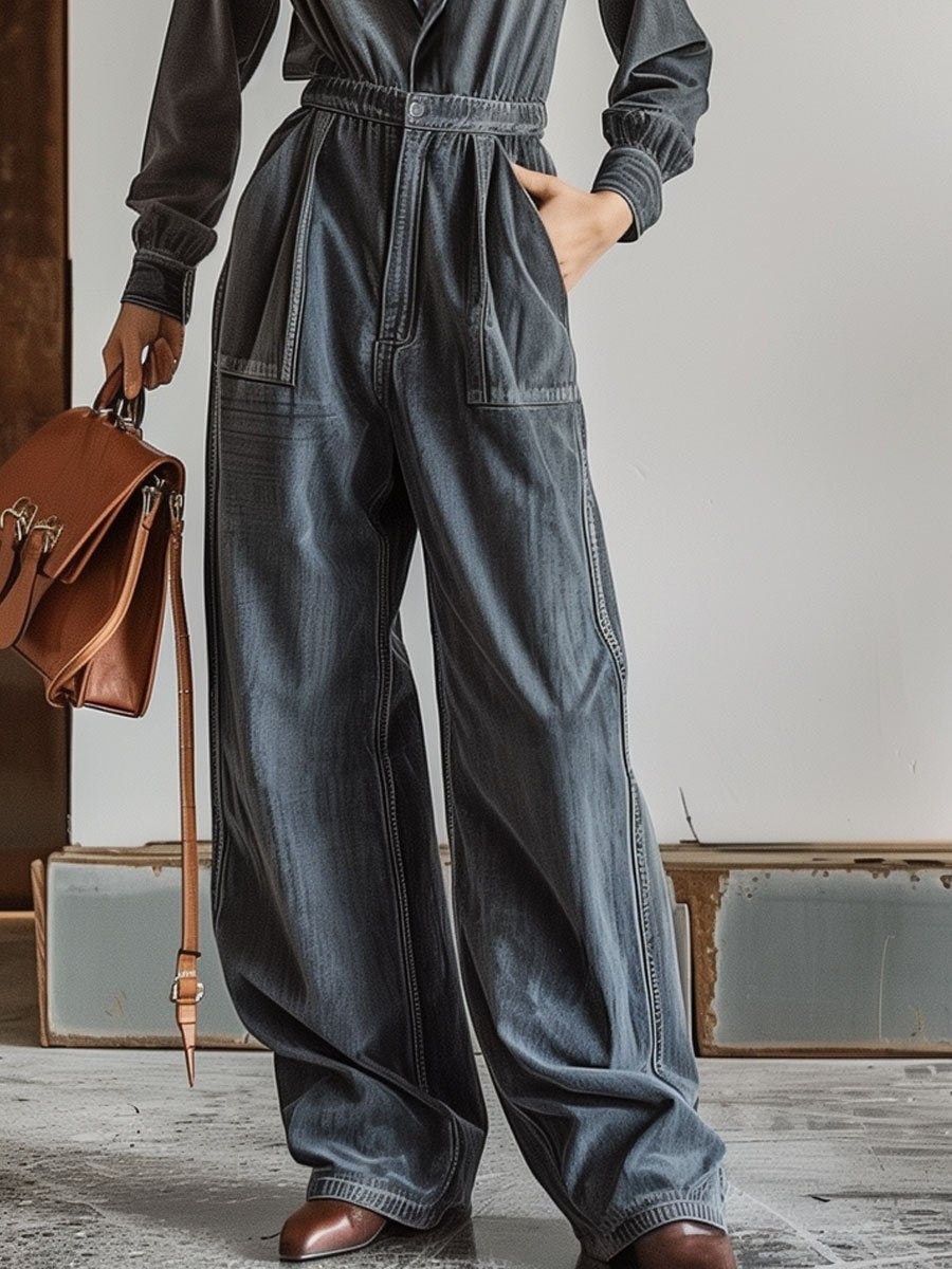 Casual Retro Lapel Elastic Waist Long Sleeve Wide Leg Denim Jumpsuit