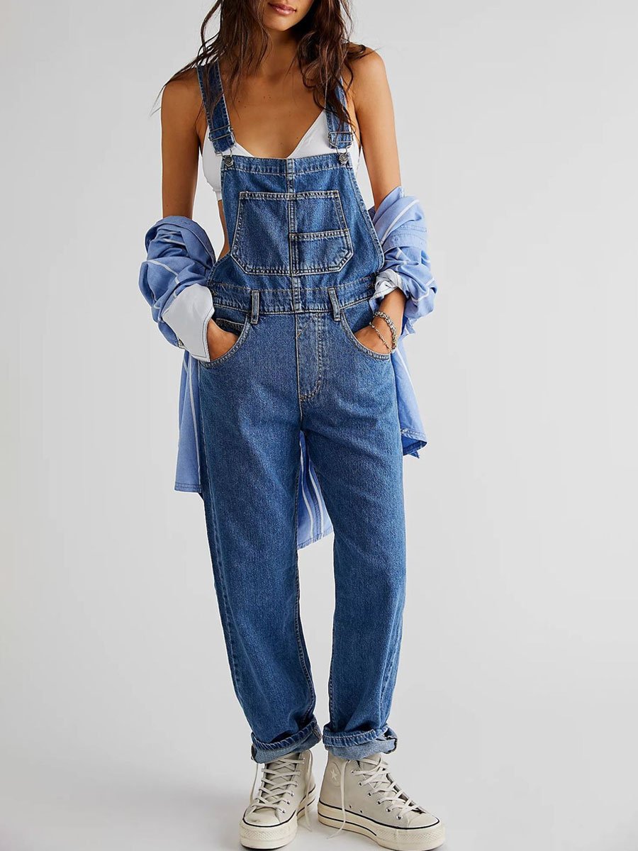 Casual Loose Denim Bib Pocket Sleeveless Jumpsuit