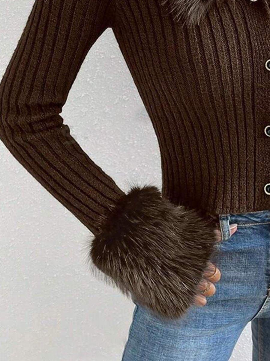 High-End And Fashionable Fur Patchwork V-Neck Sweater