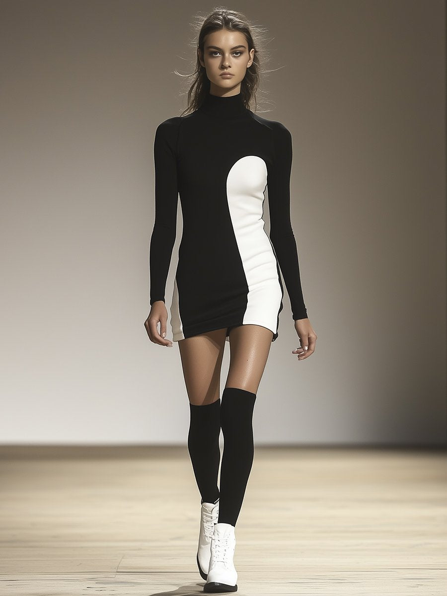 Fashionable Temperament High Collar Black and White Contrast Long-sleeved Mini Dress