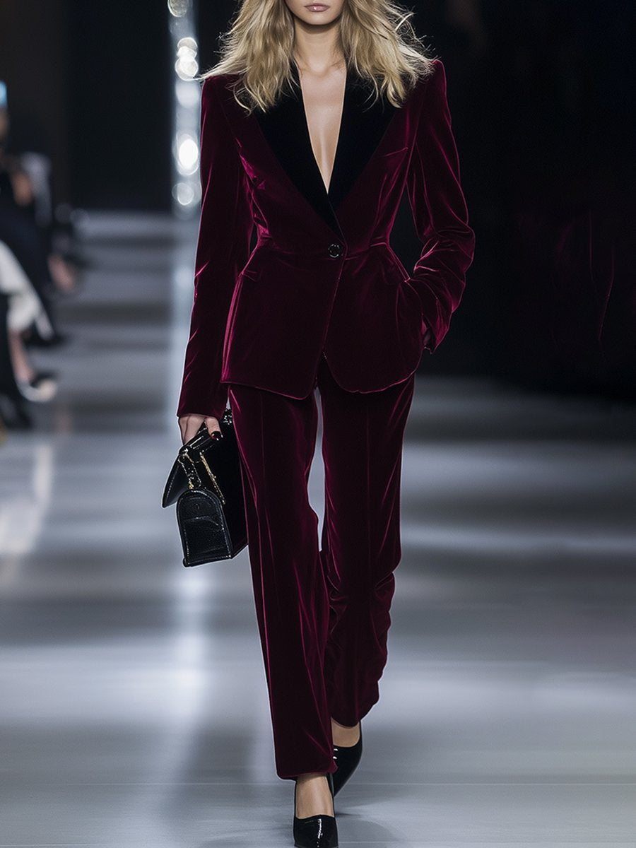 High-End Temperament Loose Retro Burgundy Velvet Suit