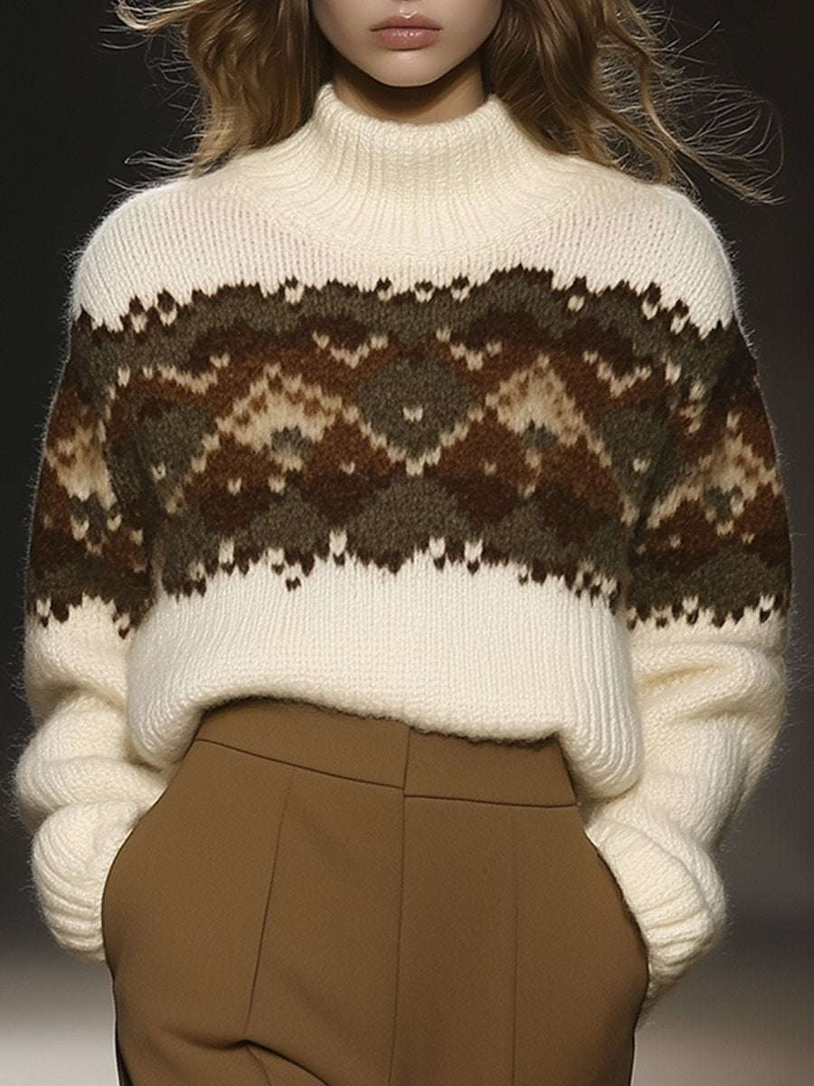 Vintage Casual Fair Isle Beige Loose Turtleneck Sweater