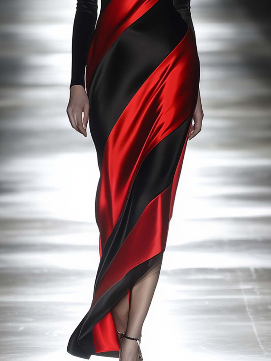 Elegant Off-the-shoulder Black and Red Contrast Maxi Dress