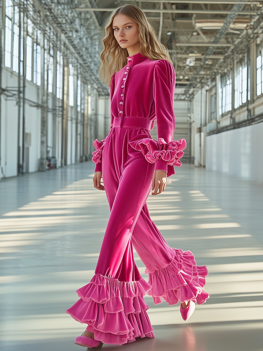 Fashionable Pink Ruffled Stand-up Collar Jumpsuit