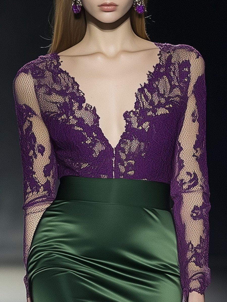 Romantic and Charming Purple Lace and Green Satin Long-sleeved Midi Dress