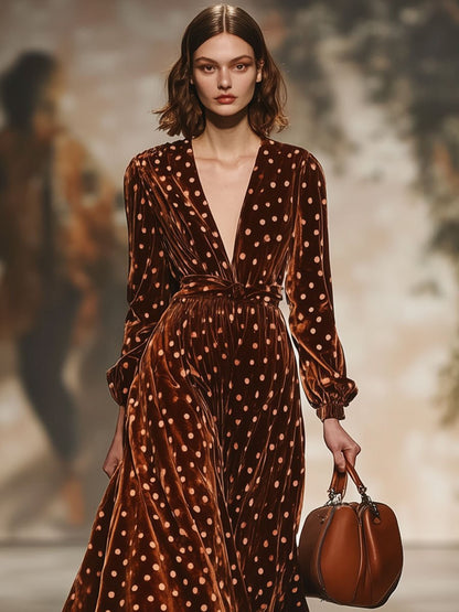 Fashion Retro Velvet Polka Dot V-Neck Long Sleeve Maxi Dress