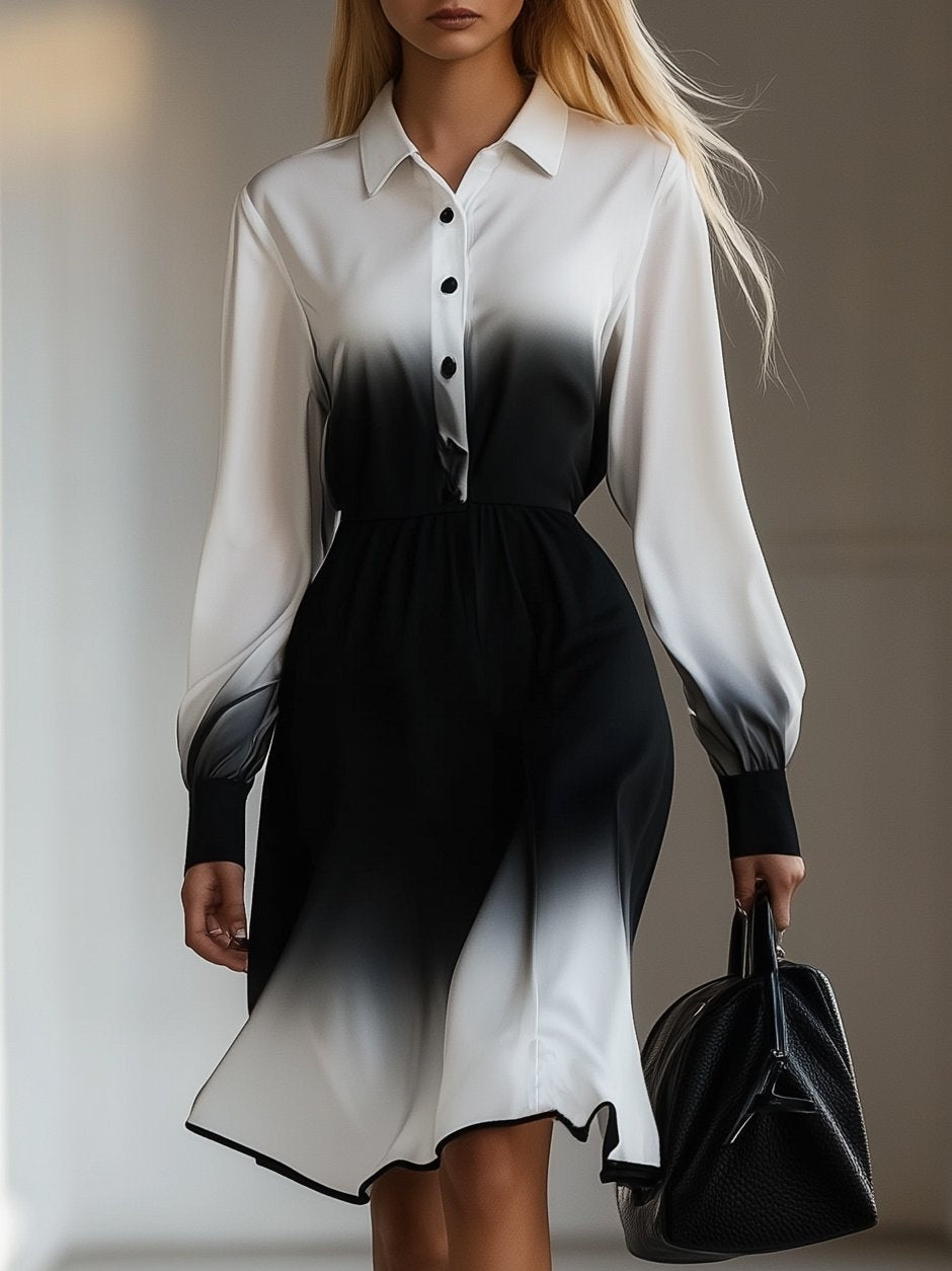 Artistic Black and White Gradient Long Sleeve Midi Dress