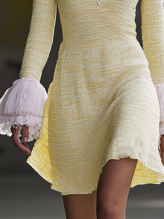 Elegant V-neck Tweed Yellow Long Sleeve Mini Dress