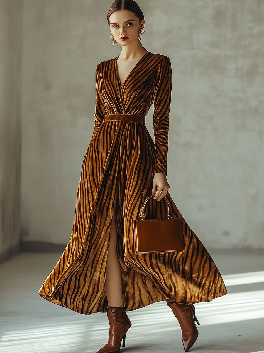 Loose Retro Velvet Zebra Print V-Neck Long Sleeve Slit Maxi Dress