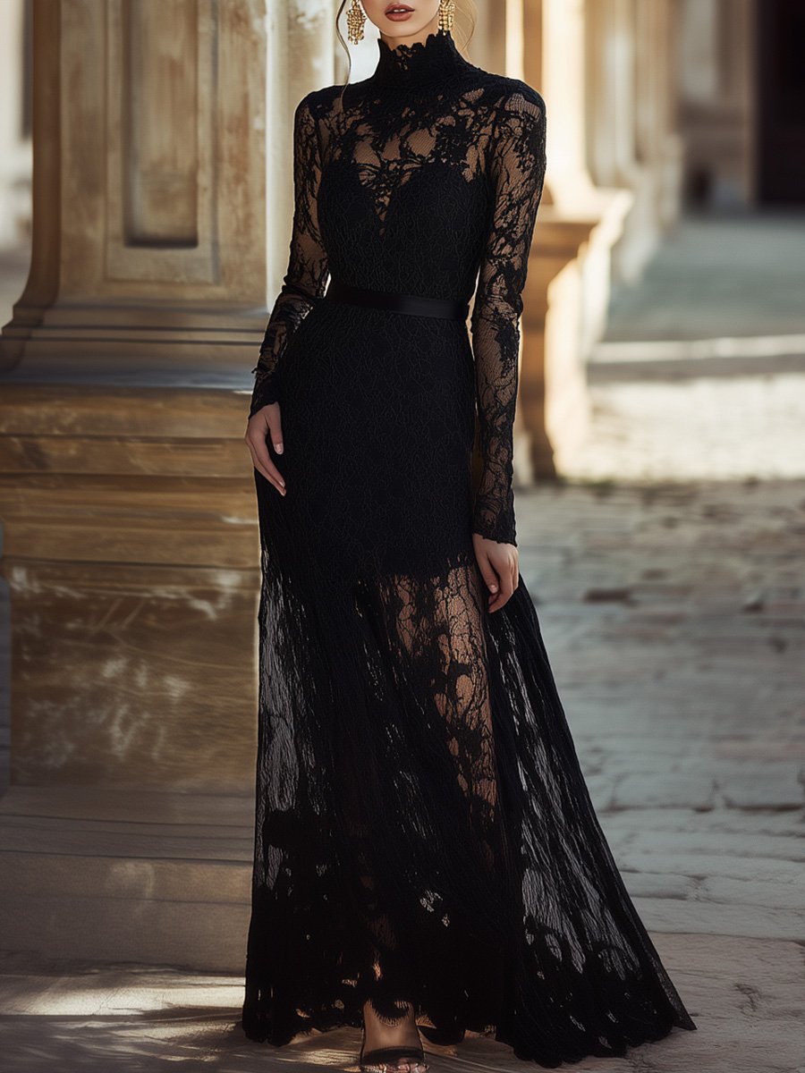 【24-hour shipping out】Elegant Unique Evening Dress High Collar Black Lace Maxi Dress