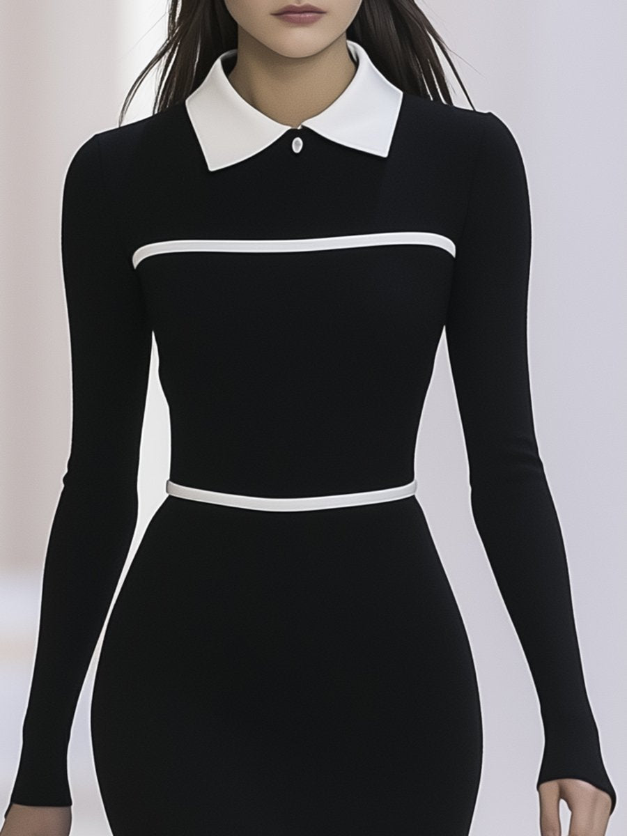 Elegant Polo Neck White Line Black Long Sleeve Mini Dress