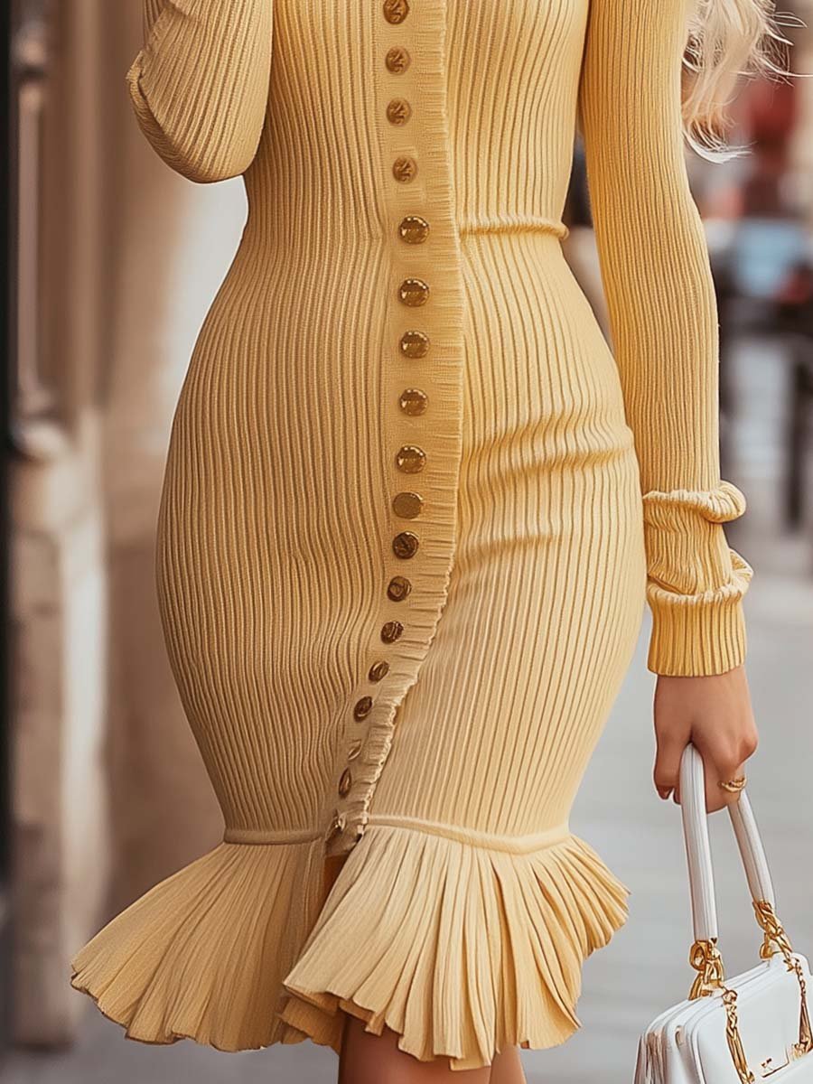 Exquisite High Collar Slim Fishtail Yellow Knitted Midi Dress