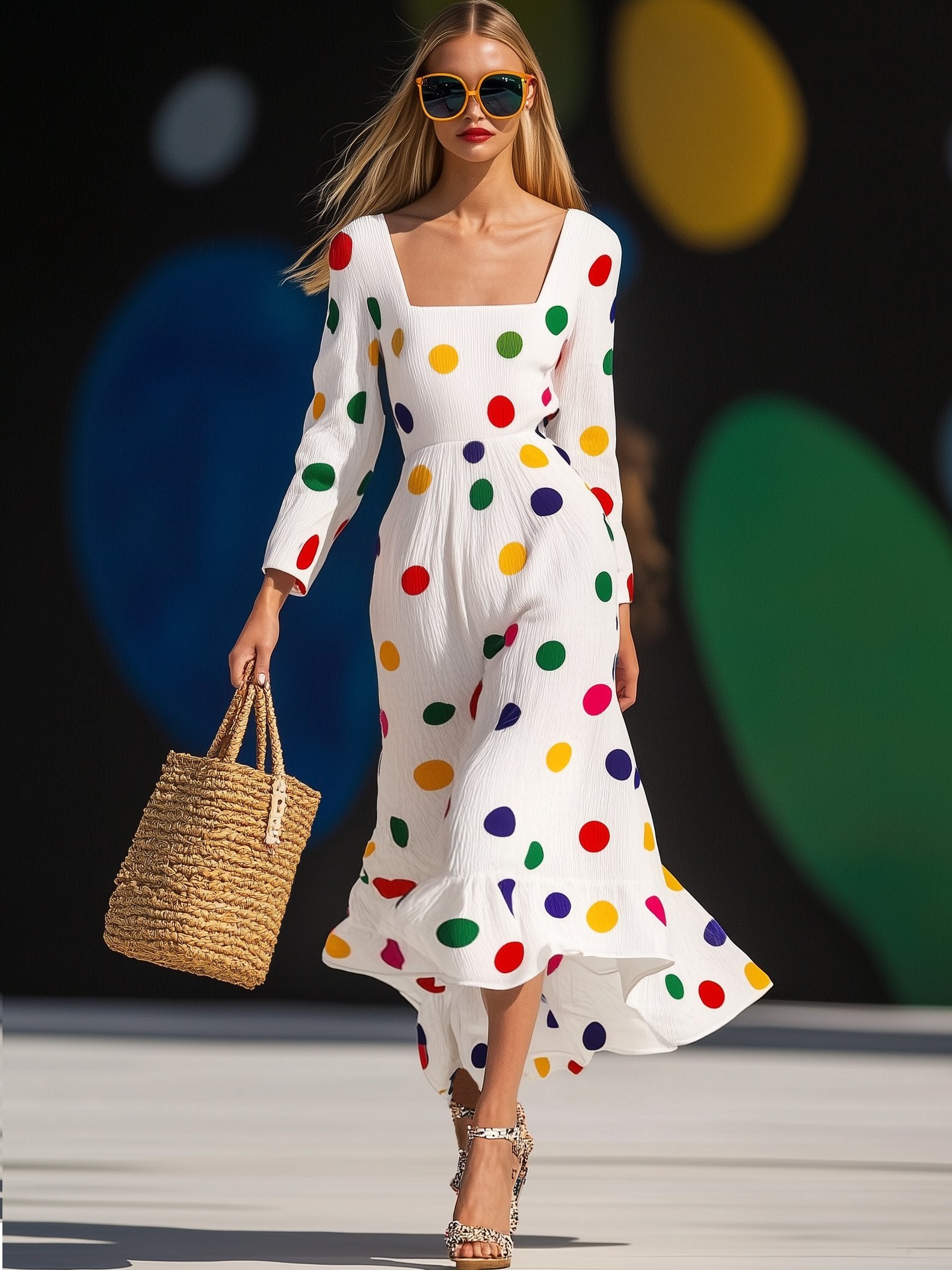 Vibrant Color Polka Dot Square Neck Long Sleeve Maxi Dress