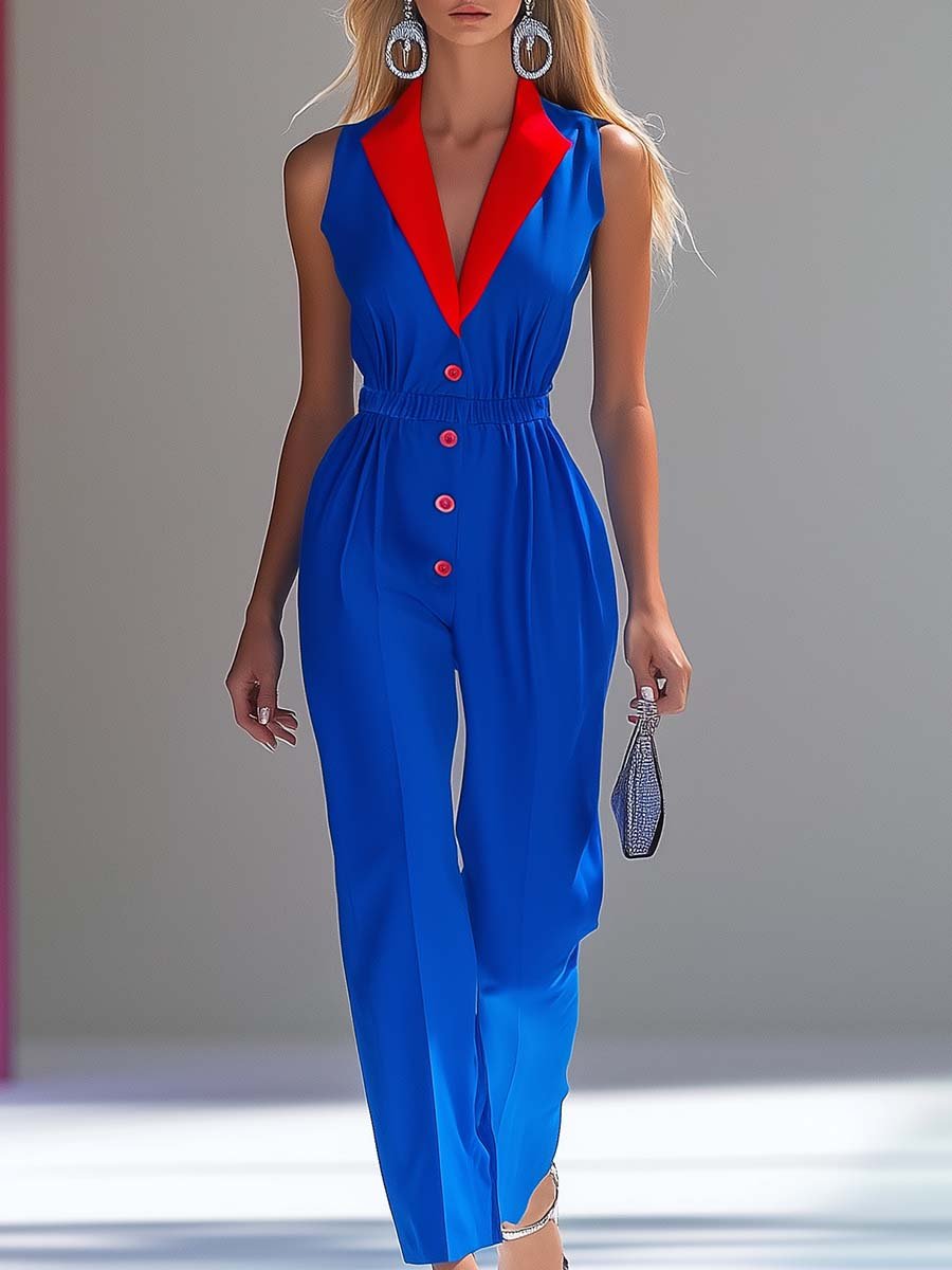 Fashionable and Personalized Sleeveless Contrast Color V-neck Blue Jumpsuit