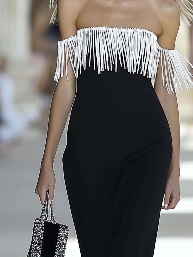 Exquisite Tassel One-Shoulder Black Maxi Dress