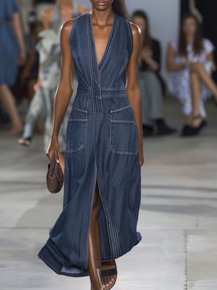 V-Neck Casual Pocket Sleeveless Slit Denim Maxi Dress