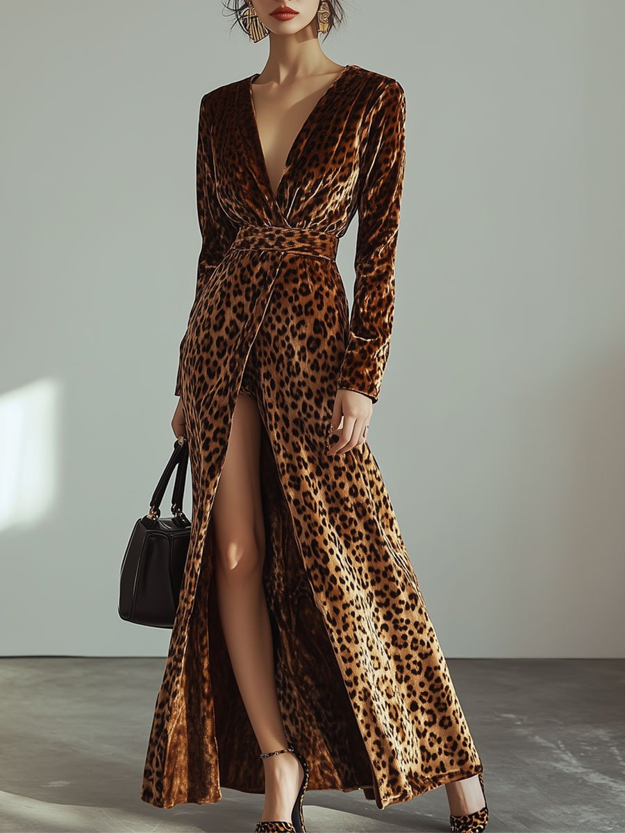 V-Neck Vintage Velvet Leopard Print Long Sleeve Slit Maxi Dress