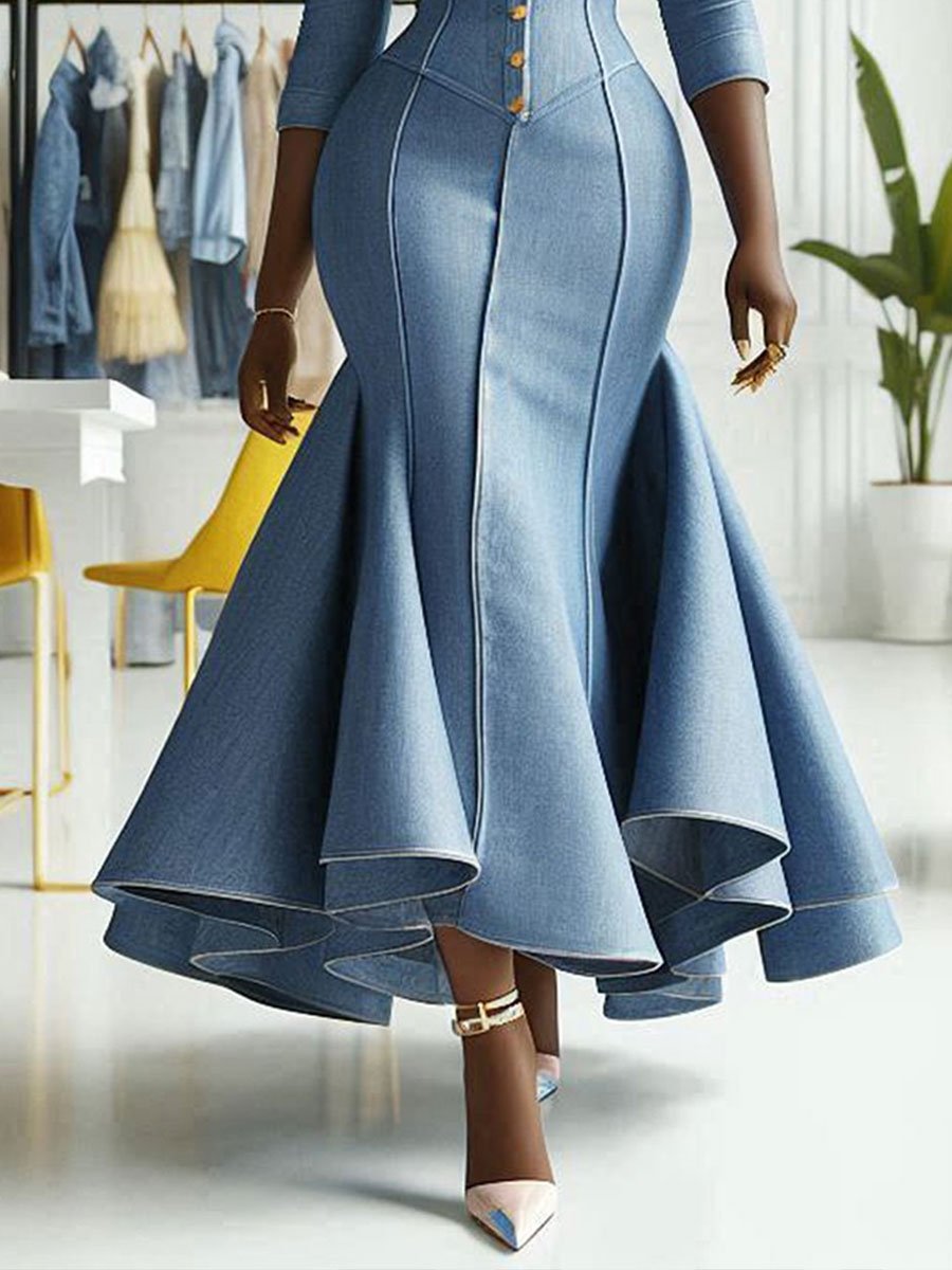 Fashion Retro Blue Denim Fishtail Long Skirt Mid Sleeves Midi Dress